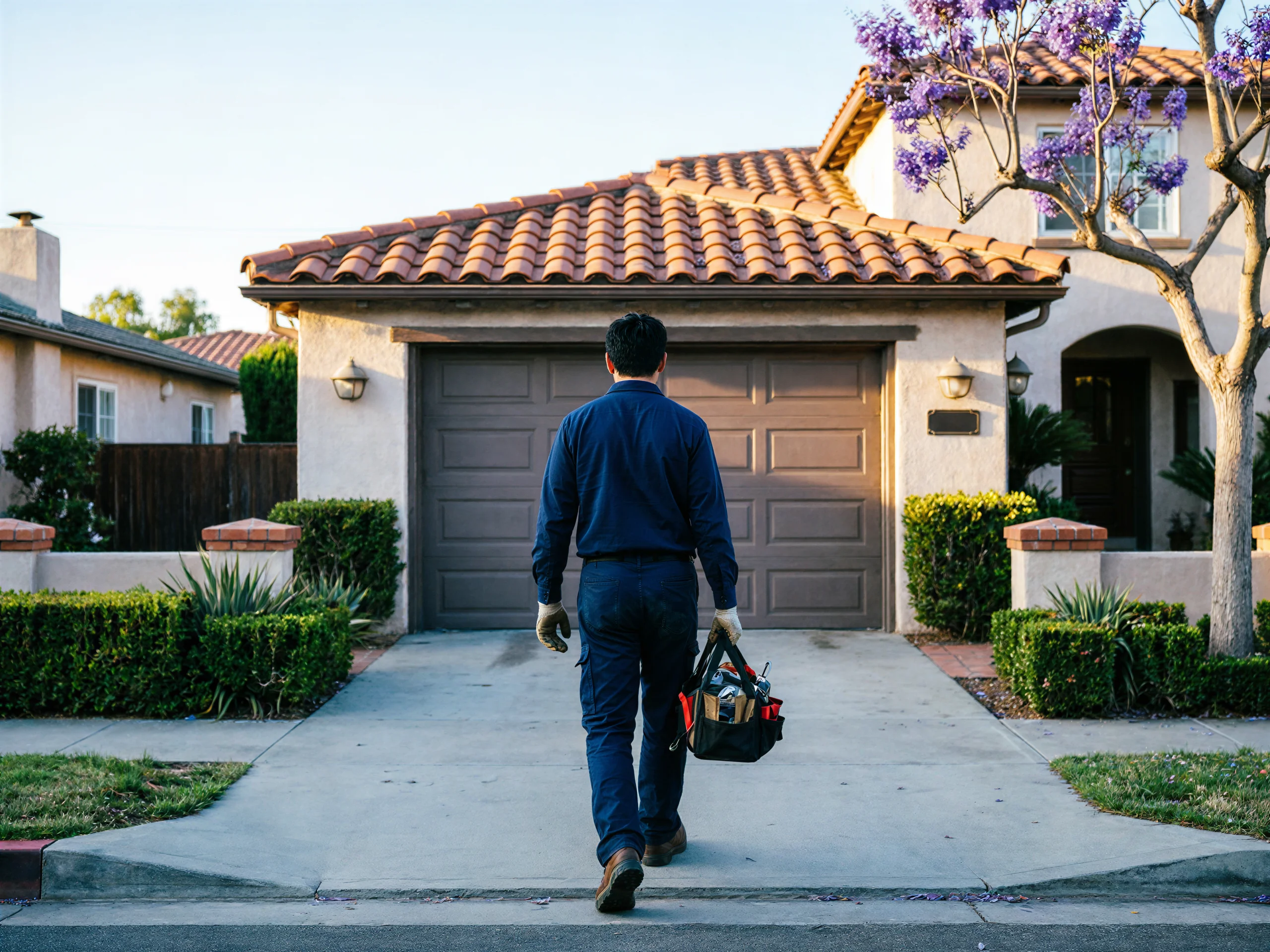 A technician walks toward a house with a brown garage door.