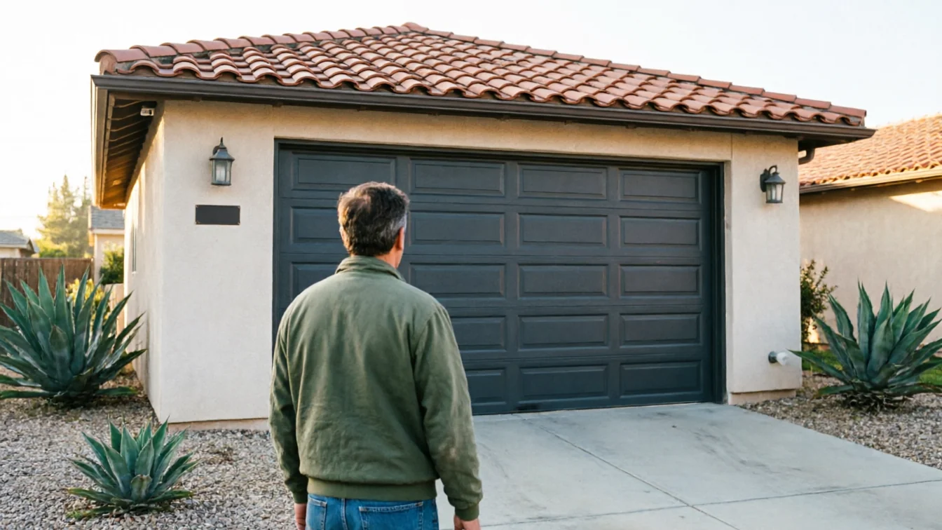 A man stands with his back to the camera, facing a dark gray garage door.