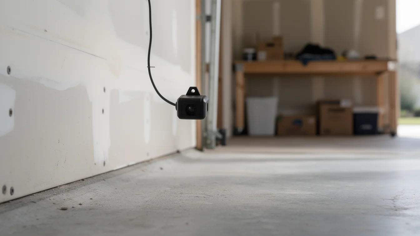 A small black camera hangs from a wire on a white garage wall.
