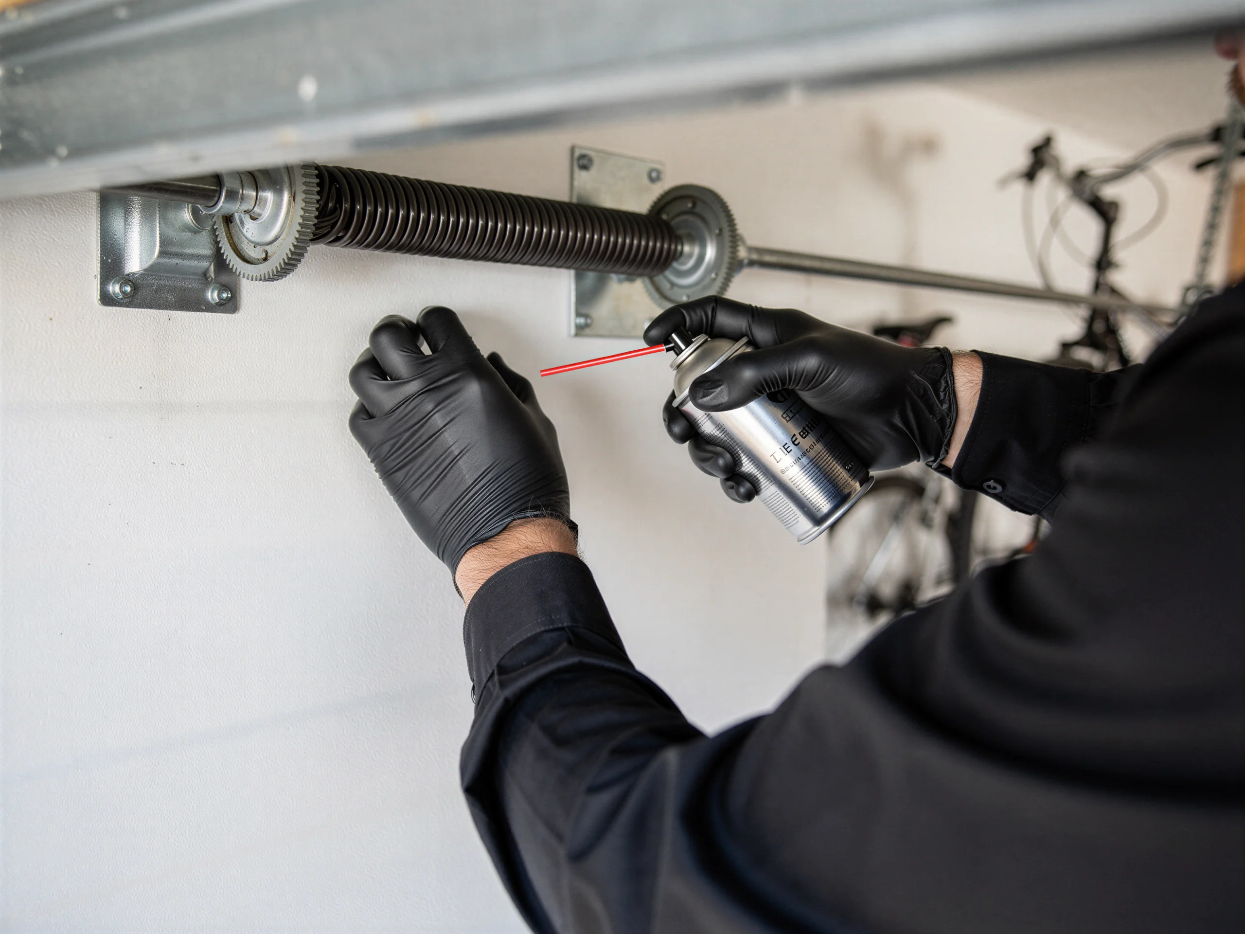 A technician in black gloves sprays lubricant on a garage door torsion spring.